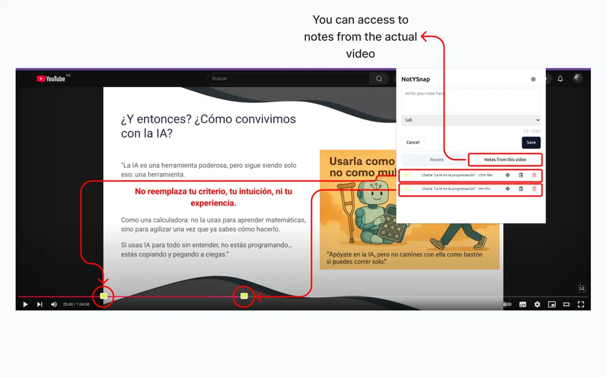 You can access to notes from the actual video